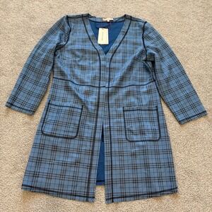 Solitaire Long Open Front Jacket Womens 1X Blue‎ Plaid Layer Office Casual